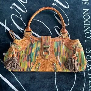 Vintage Sharif Cognac Leather Shoulder Bag with Fringe and Tapestry